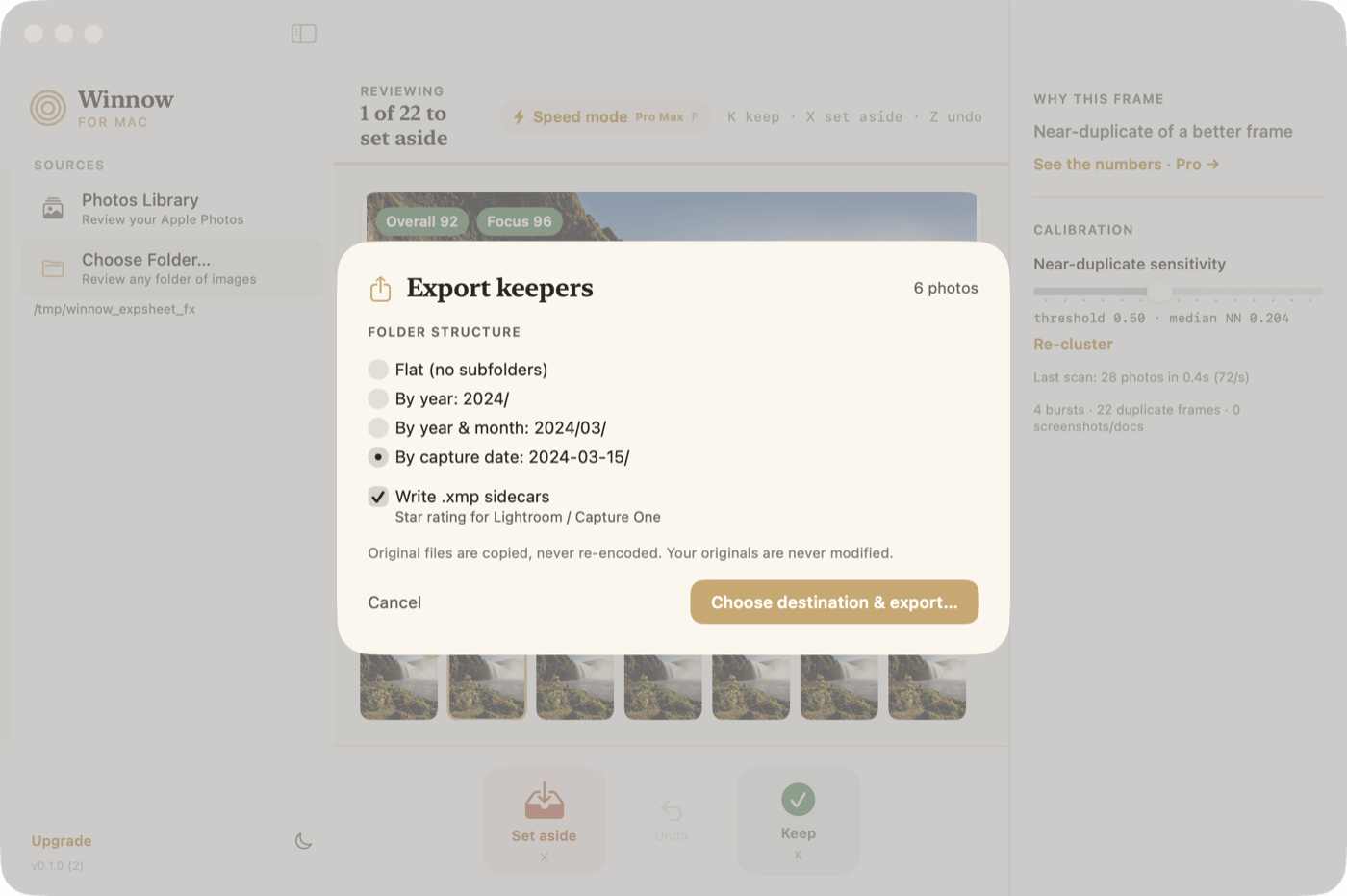 Winnow for Mac export sheet: folder structures by date, XMP sidecars for Lightroom and Capture One, originals never re-encoded