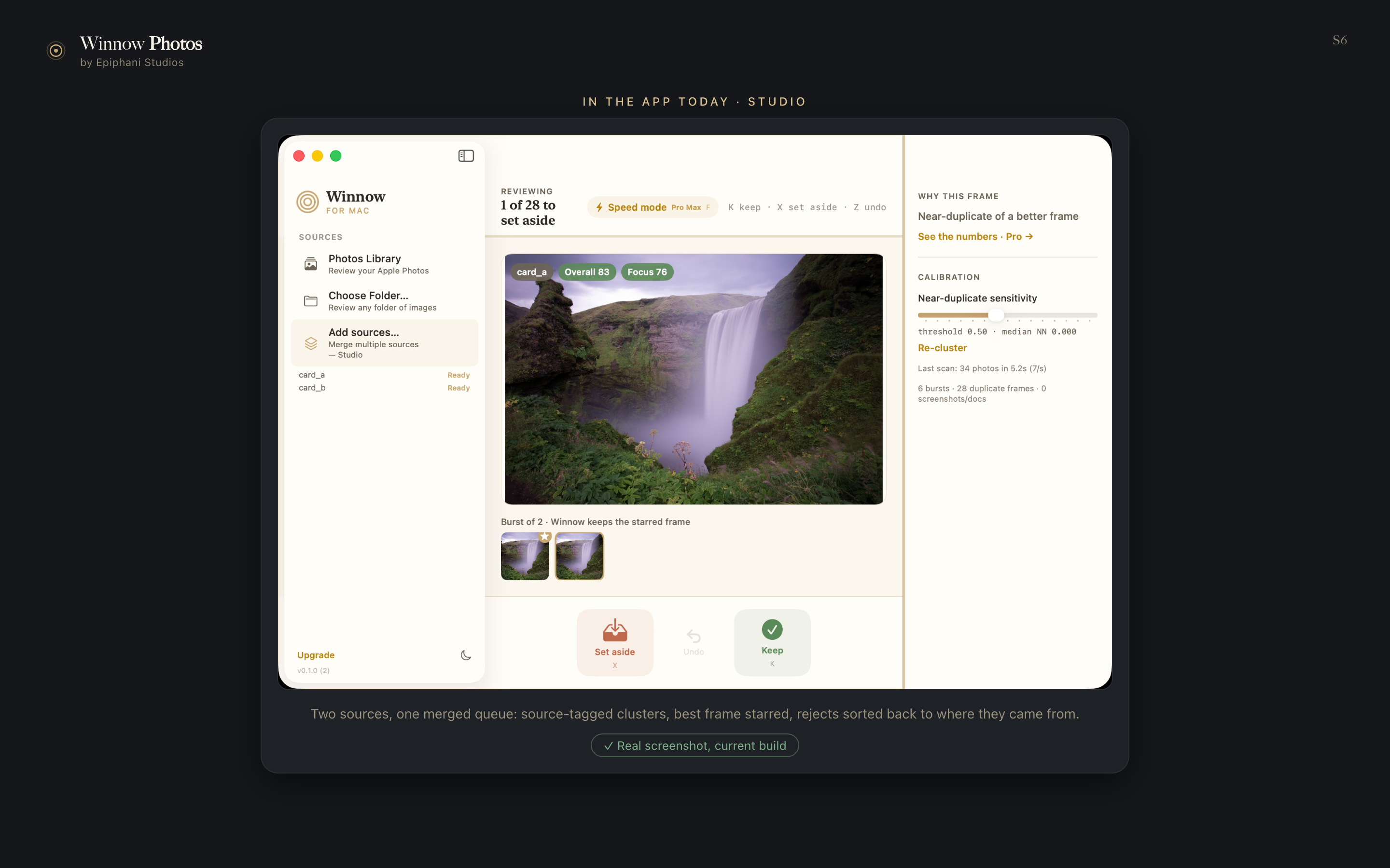 Winnow for Mac merging two sources into one review queue, dark theme