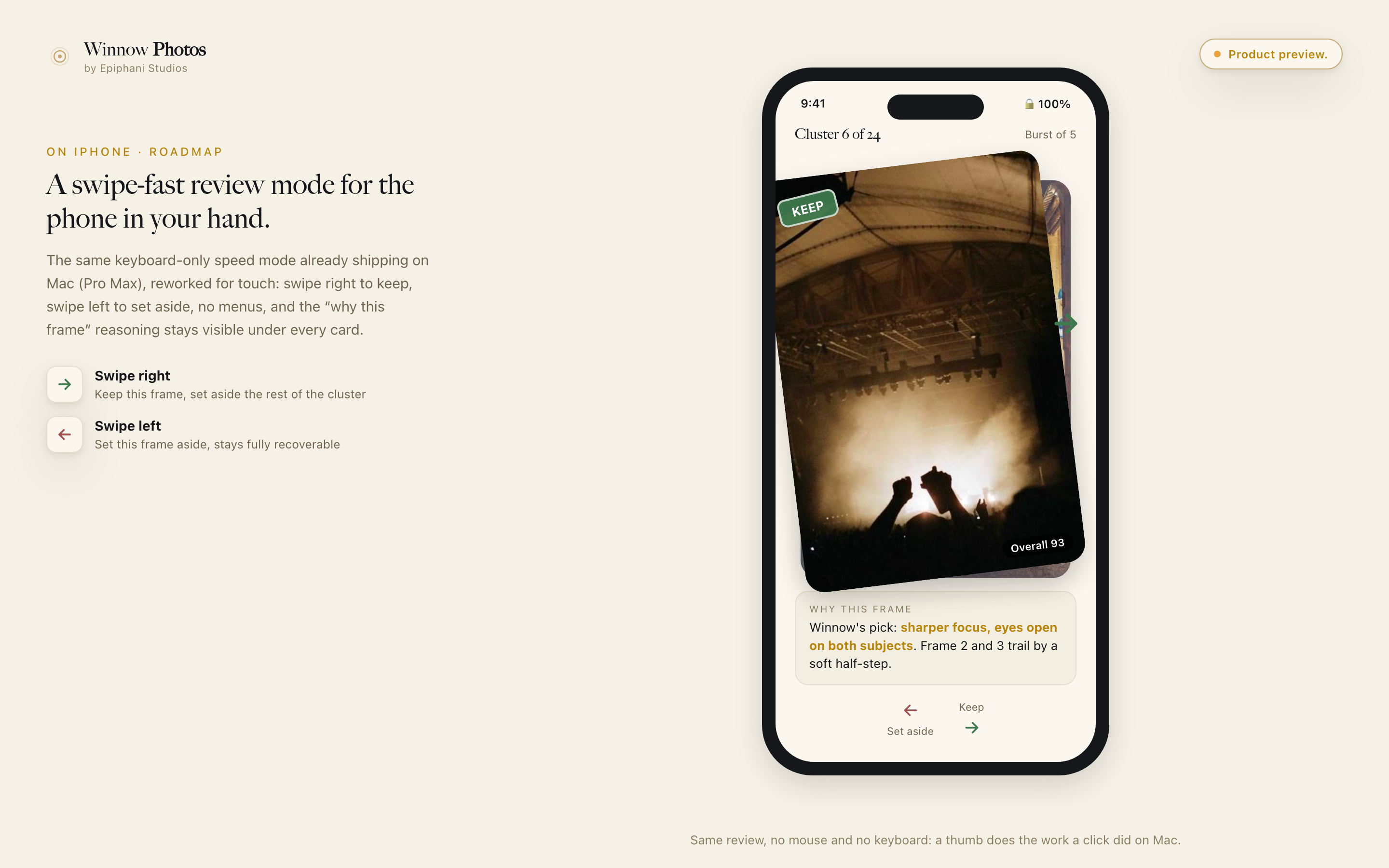 Mockup of touch and swipe speed mode on iPhone: swipe right to keep, swipe left to set aside