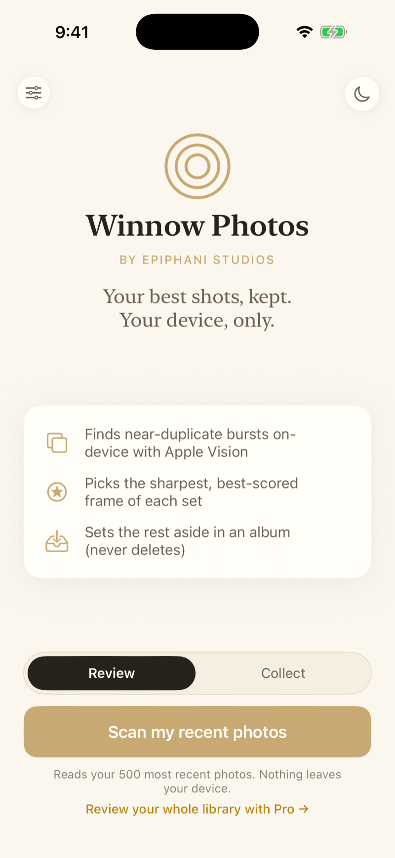 Winnow Photos welcome screen on iPhone